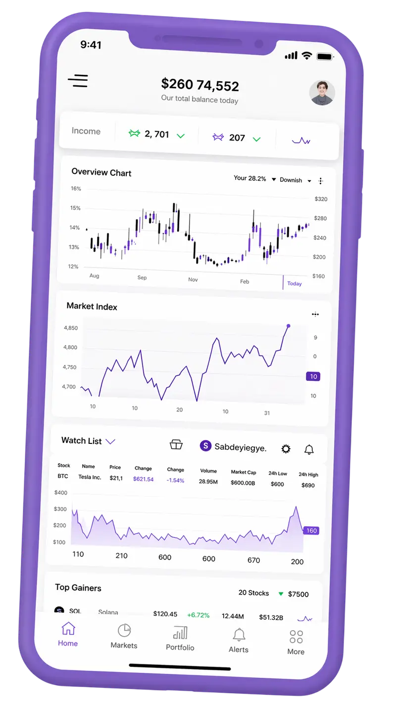Mobile app view displaying portfolio tracking